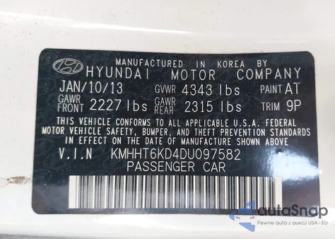 2013 Hyundai Genesis 2.0T Premium from USA, damaged, VIN KMHHT6KD4DU097582